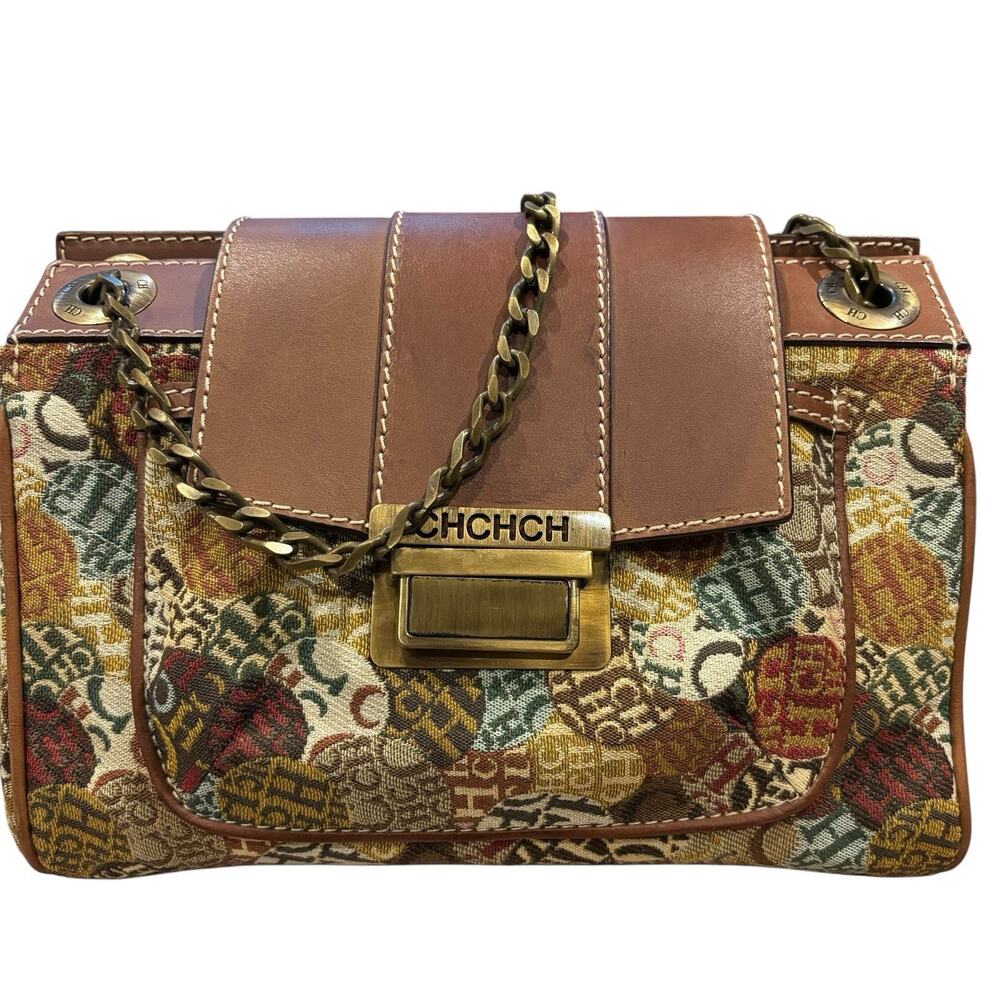 Carolina Herrera CH Monogram Tapestry & Leather Bag Chain Strap With Wallet NWOT